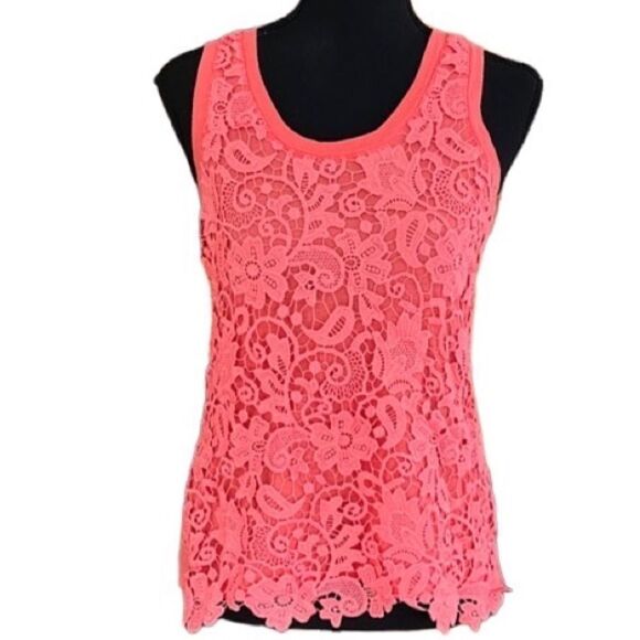 J Crew coral scoop neck tank top with crochet overlay, size XXS - Picture 1 of 5